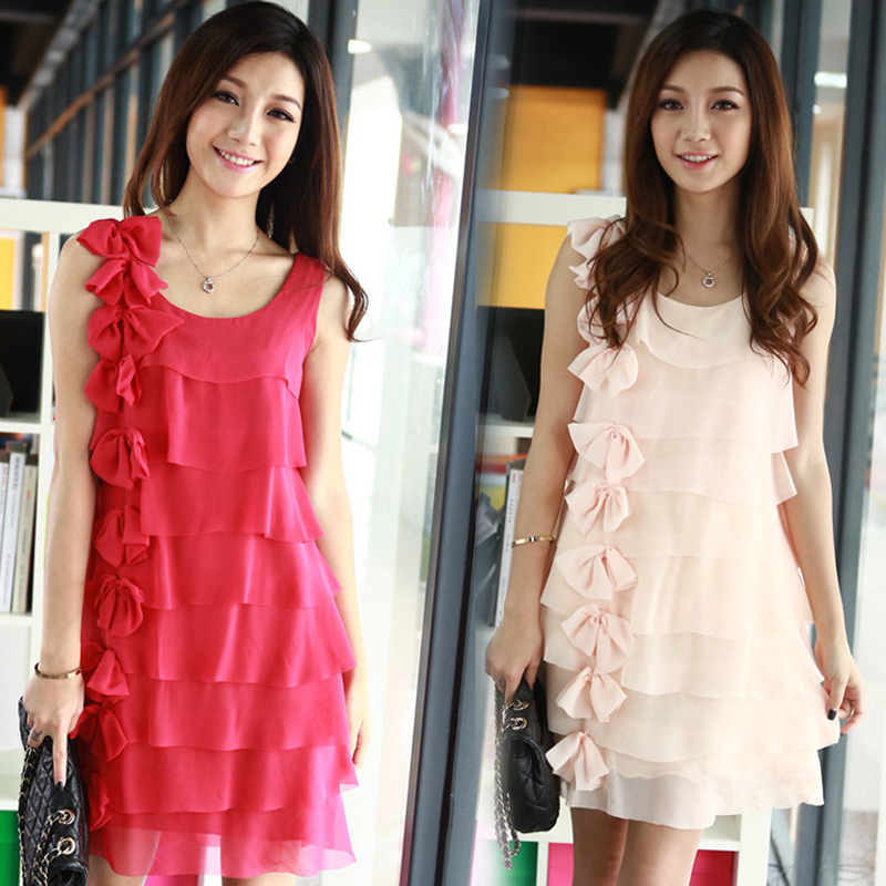 New arrival fashion normic fashion personalized multi-layer bow vest chiffon one-piece dress l0360