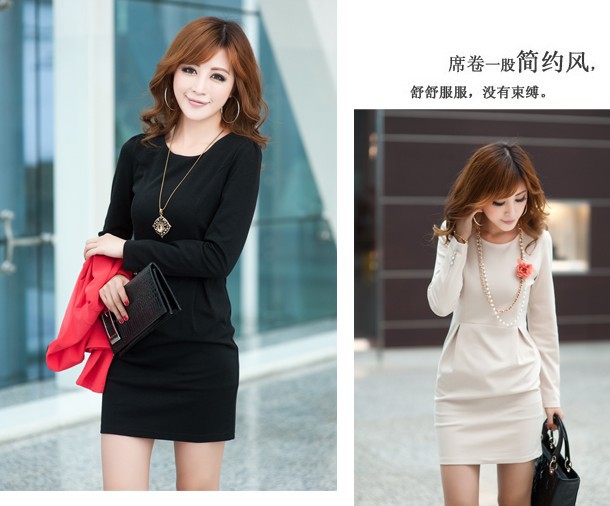 New arrival fashion OL big size slim long sleeve dress/ women solid color dress