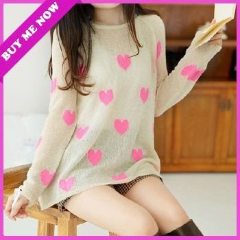 New Arrival Fashion Women's Pink Heart Long Sleeve Pullover Knitted Sweater Free  Shipping