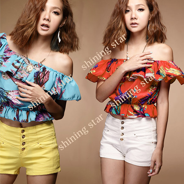 New Arrival Fashion Women's Sexy Midriff-Baring Club Party Top Blouse Off-Shoulder T-Shirt Blue/ Orange S11145