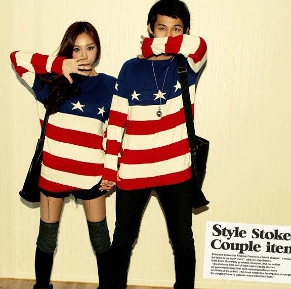 New arrival Five stars Red Blue Stripe Fashion Loose Sweater,Women's long sleeve o-neck pullovers