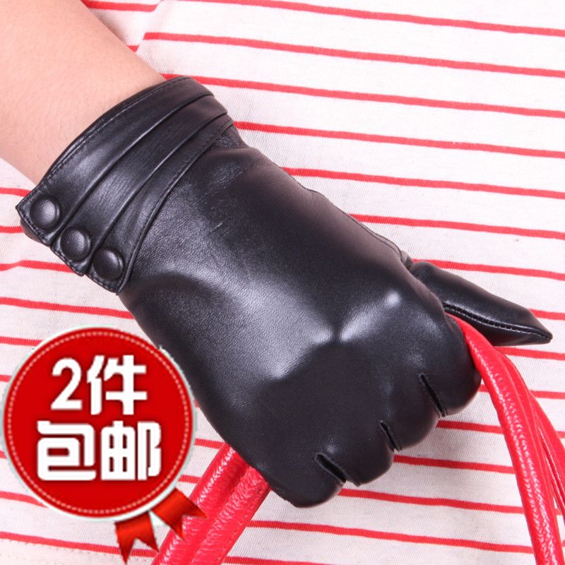 New arrival folding fan button leather gloves female genuine leather thin sheepskin gloves women's genuine leather gloves