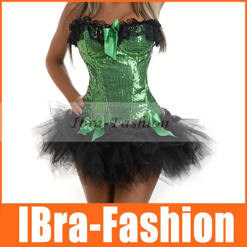 New Arrival!! FREE SHIP Wholesale Green Moulin Rouge Fancy Dress costume burlesque costume Sequin Zipper Corset Dress tutu skirt