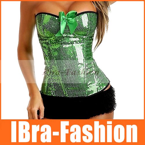 New Arrival!! FREE SHIP Wholesale Green Strapless low cut Corset Clubwear Lace up Corset lingerie Sequin Zipper Corset