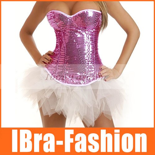 New Arrival!! FREE SHIP Wholesale Pink Sequin Zipper Corset Dress tutu skirt Moulin Rouge burlesque costume Overbust lingerie