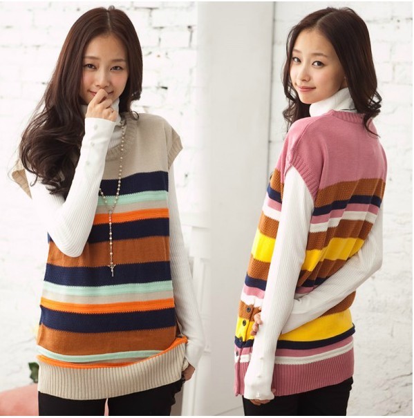 New arrival,Free shipping 2012 autumn and winter fashion o-neck sleeveless multicolour stripe straight medium-long sweater