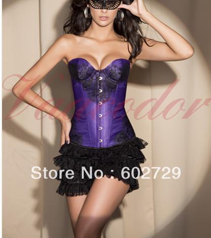 New arrival,free shipping,sexy luxury purple satin boned lace up bodyshaper corset bustier factory supplier S-2XL