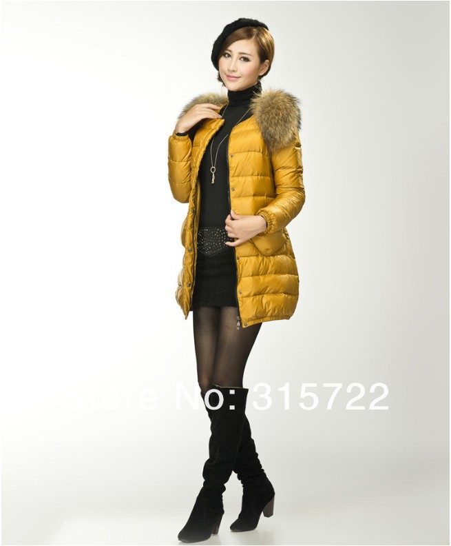 new arrival hot women korean ladies fox fur collar warm long slim down jacket four color S,M,L,XL L-032