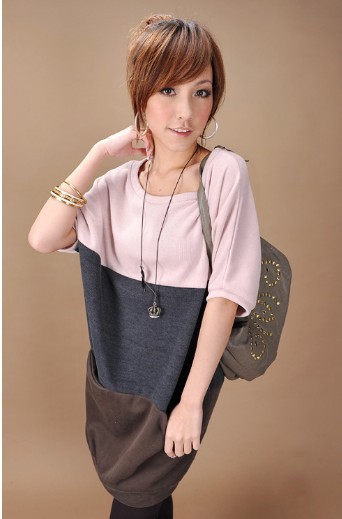 new arrival korea dress batwing sleeved blouse free shipping straight leisure style color splice lady loose dress pink