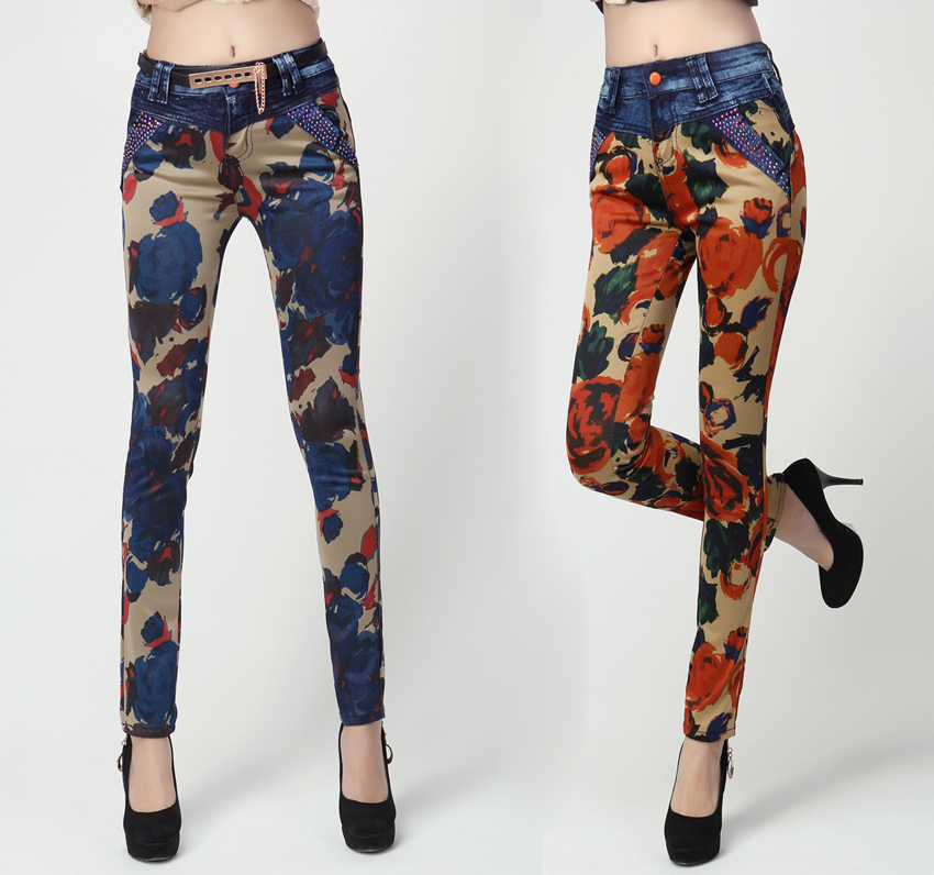 new arrival korean jeans 2013 autumn print elastic pencil pants mid waist  flower trousers WYL5893 free shipping!