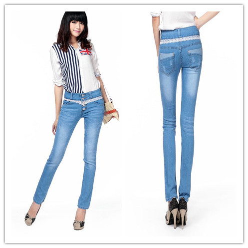 New Arrival Lace Breasted High Waist Women Jeans Plus Size Light Blue Slimming Pencil Jeans