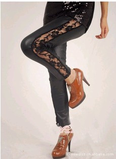 New arrival lace patchwork faux leather legging lace rose patchwork ankle length trousers,5pcs Free HK post