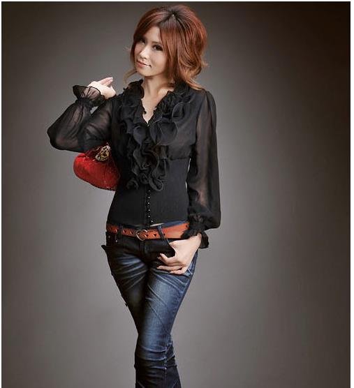 New Arrival ladies fashion sexy chiffon patchwork OL formal elastic cotton graceful long sleeve shirt/blouses T1177