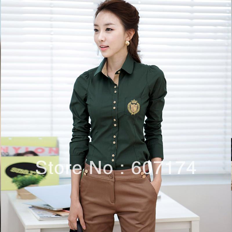 New arrival Ladies Turn Down Collar long-sleeve Formal shirt casual OL shirt  High Quality blouse Size:S-XXL Green/White #2352