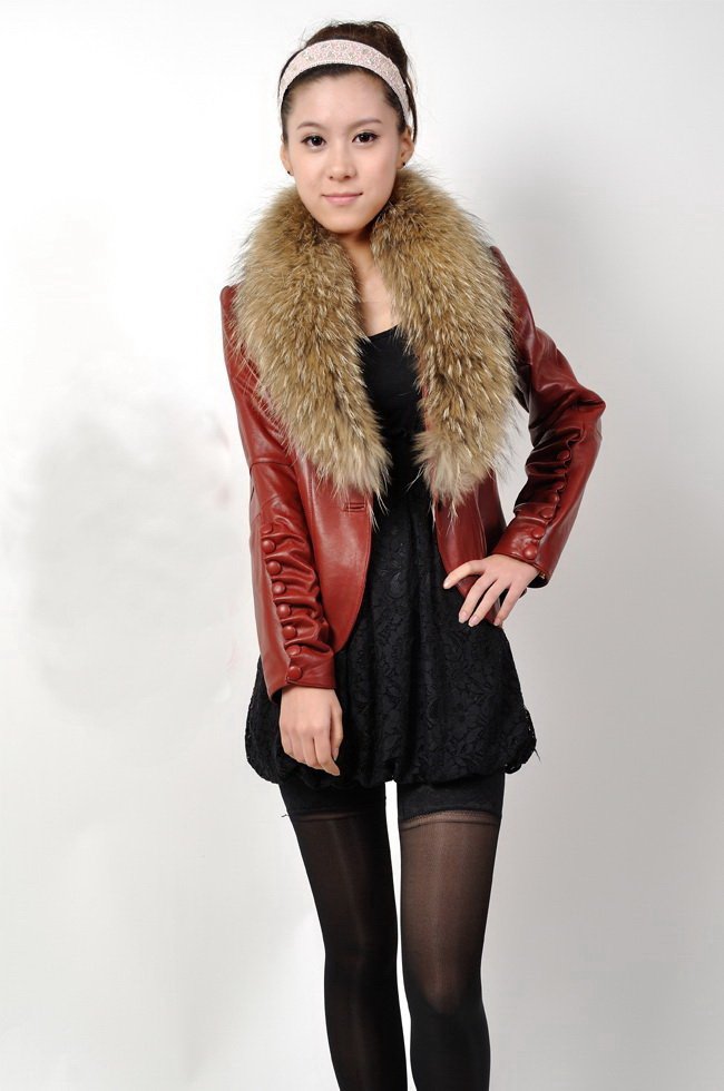 New Arrival lamb leather coat with big real  fur collar warm coats  wholesale and retail ZYDG-938-4 Free shipping