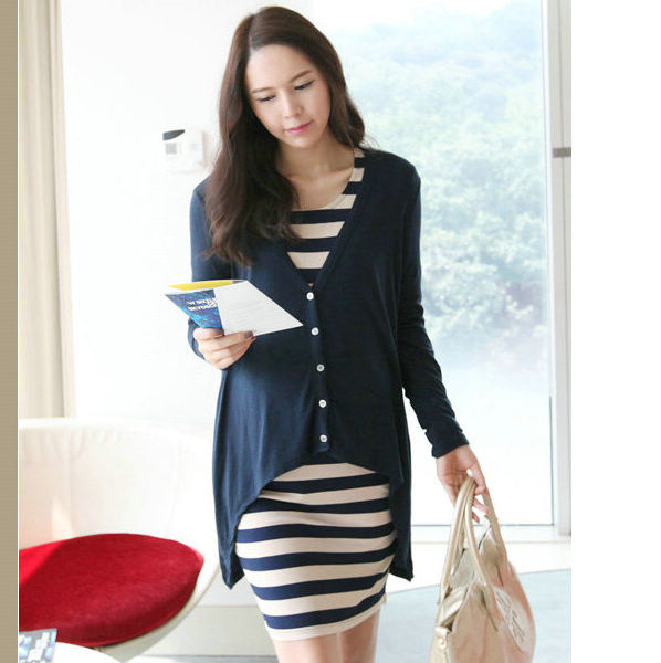 New arrival maternity clothing spring twinset Dark Blue cardigan stripe long-sleeve T-shirt