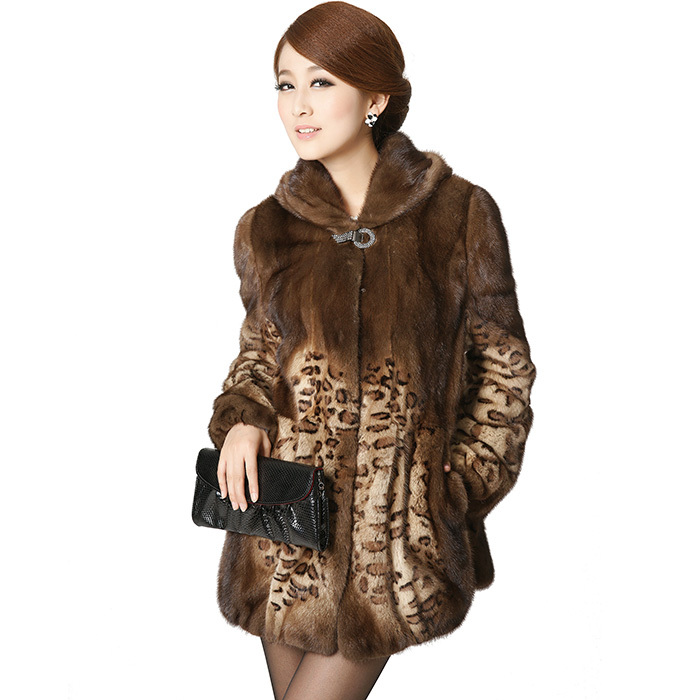 New arrival mink fur coat leopard print space dye hooded medium-long fur overcoat ln028