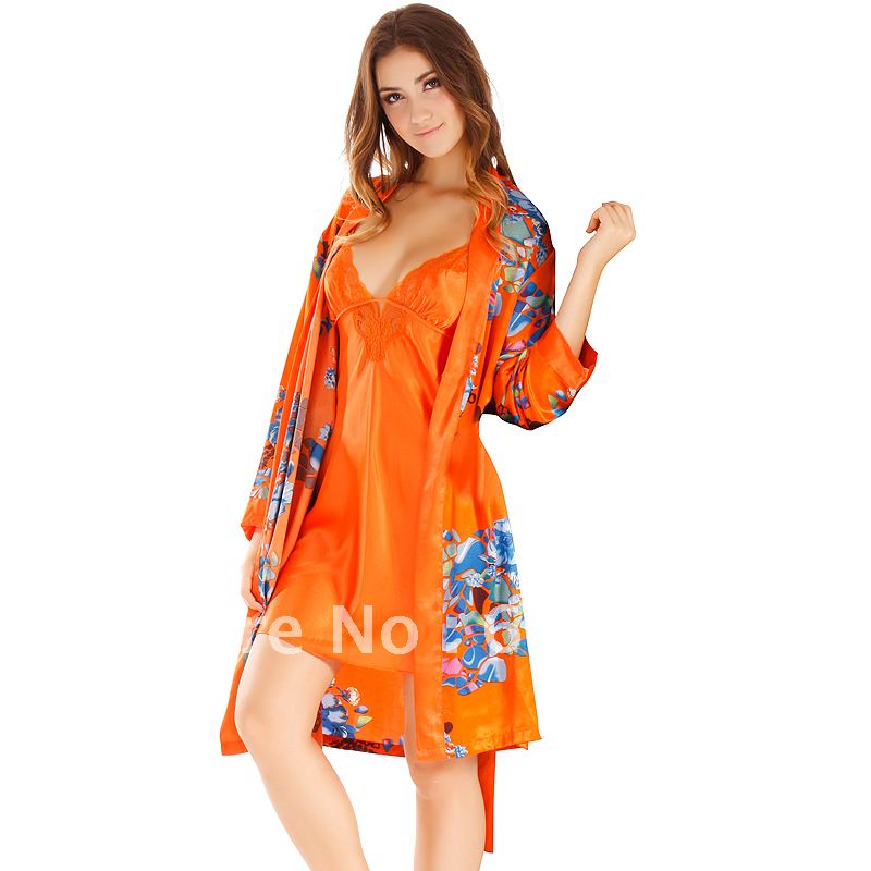 New arrival pajamas spring and autumn faux silk female sleepwear lounge set sexy nightgown robe twinset