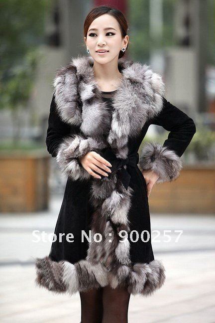 New Arrival Pig suede long coat with big  fox fur collar warm coats fox coats wholesale and retail FS1110281650 Free shipping