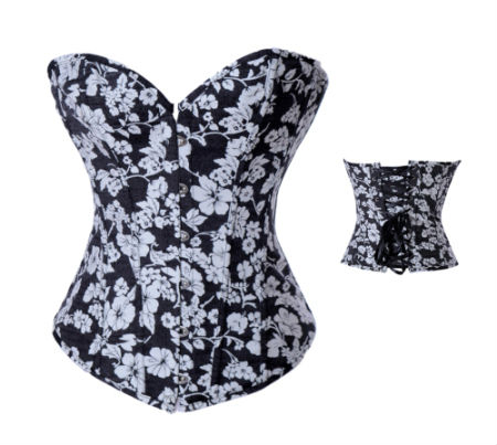 New Arrival ! sexy corset fashion black&white floral pattern Corset overbust boned lace up bustier body shaper G-string