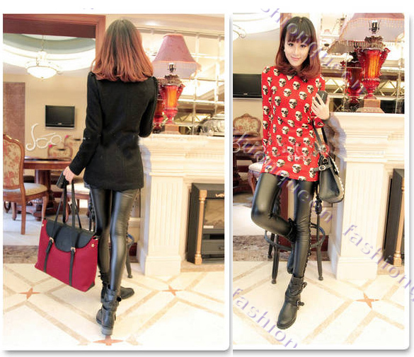 New Arrival Sexy Women's Side Rivets Imitated Leather Legging Tights Women Skinny Pencil Pant 8782