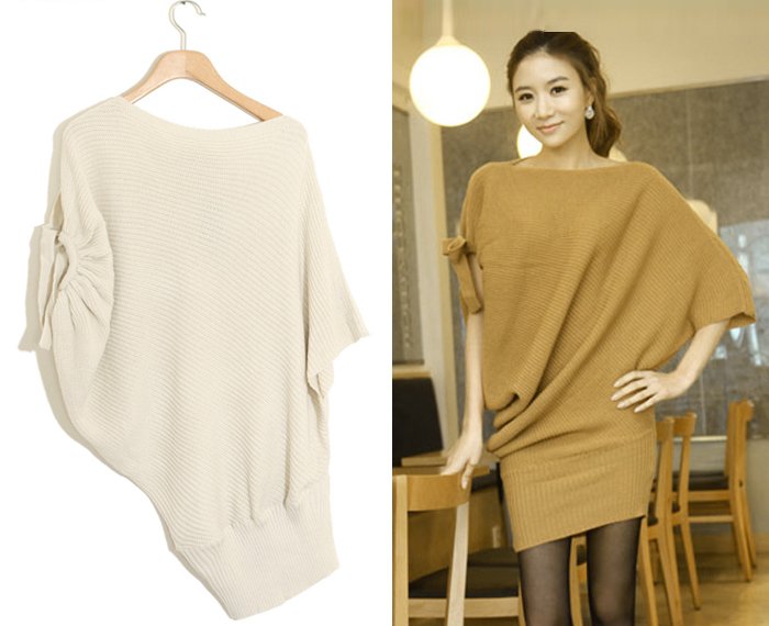 NEW ARRIVAL slit neckline irregular short-sleeve sweaters ,batwing sleeve sweater women dress 2 colour