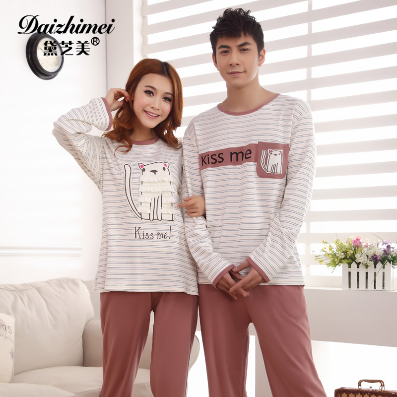 New arrival spring and autumn 100% cotton long-sleeve lovers sleepwear spring lovers male female 100% cotton sleep set