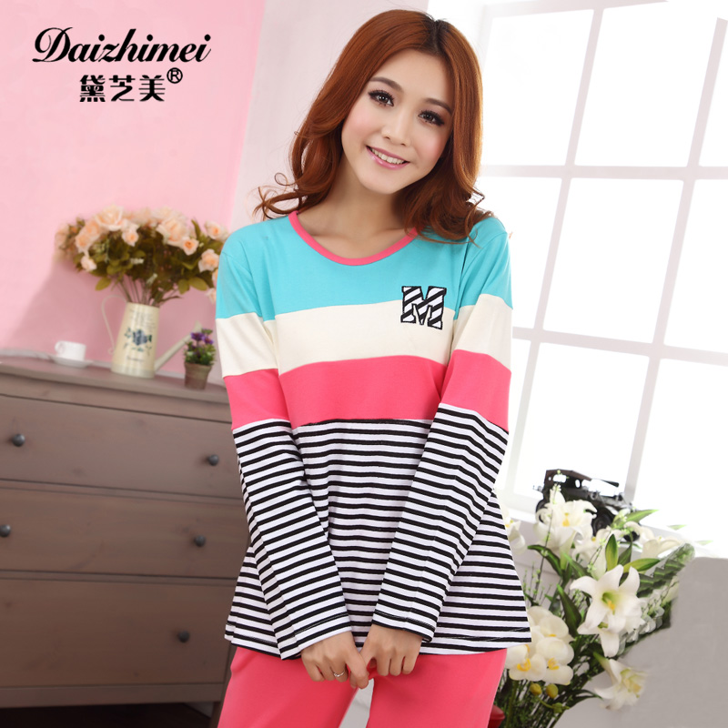 New arrival spring and autumn 100% cotton sleepwear female set spring stripe long-sleeve female sleepwear at home service 3843