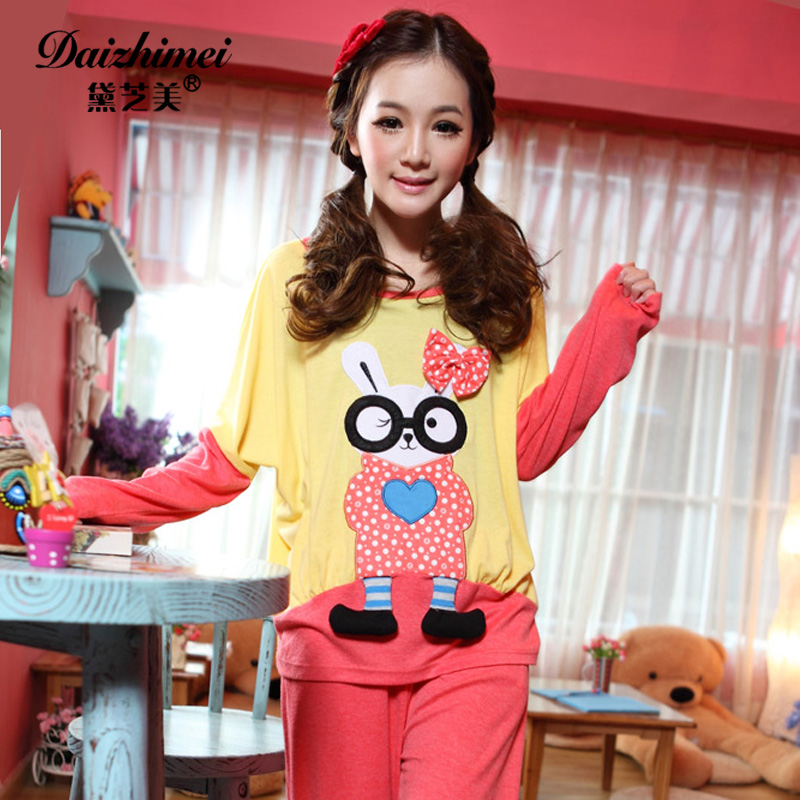 New arrival spring and autumn o-neck knitted cotton sleepwear female set lounge long-sleeve twinset at home service 3810