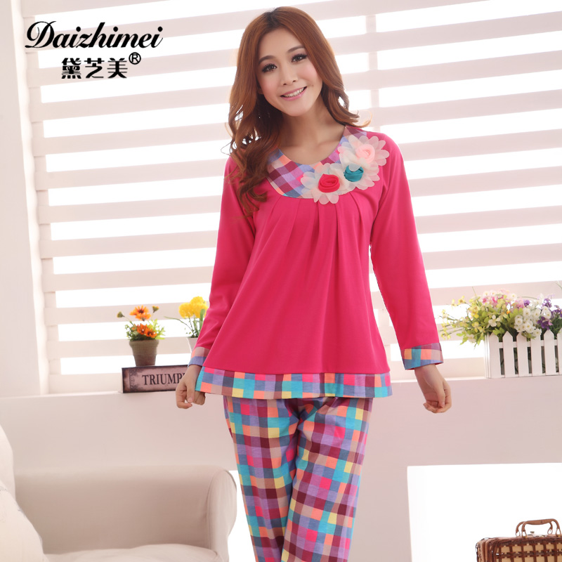 New arrival spring and autumn o-neck knitted cotton sleepwear female set lounge long-sleeve twinset at home service 3817