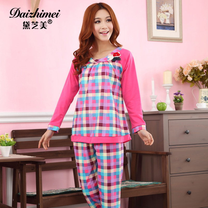 New arrival spring and autumn o-neck knitted cotton sleepwear female set lounge long-sleeve twinset at home service 3823