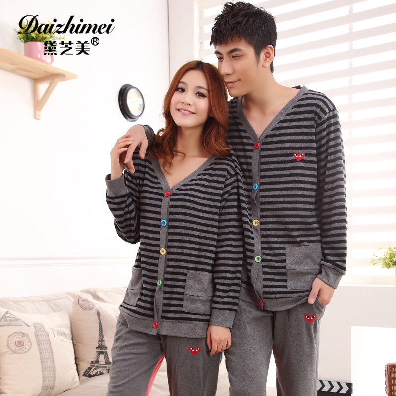 New arrival spring and autumn V-neck knitted cotton sleepwear lovers set lounge long-sleeve twinset at home service 20