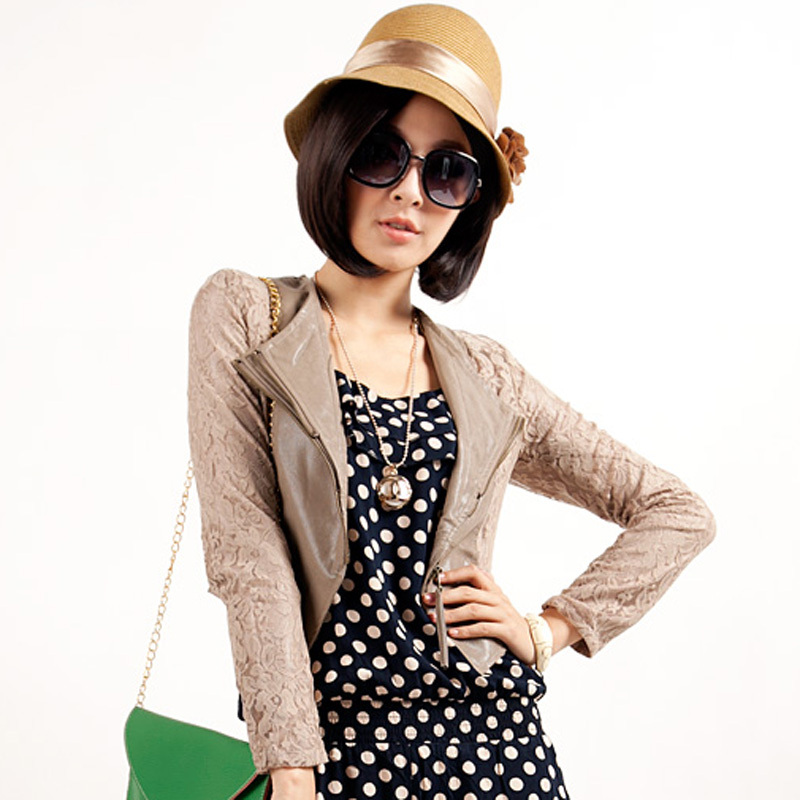 New Arrival!Spring Fashion Women's Clothing/Short Design Slim Outerwear PU Jacket With Lace Sleeve,C098