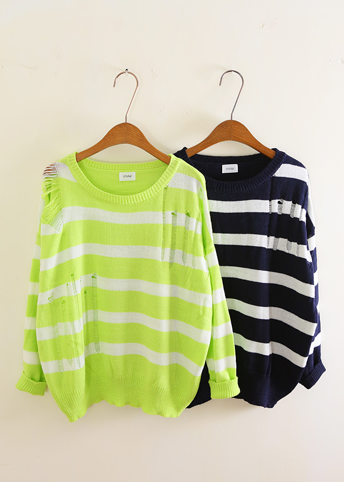 New arrival! spring sty nda hole stripe loose sweater free shipping