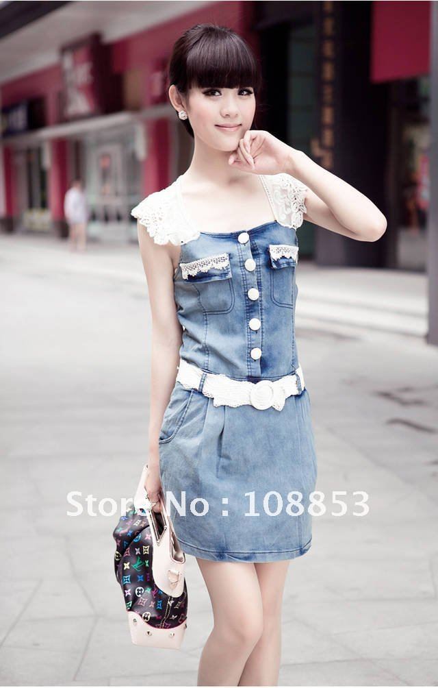 New Arrival Summer Casual Lace Patchwork Denim Slim Jeans Skirt Women's Denim One-Piece Dress With Belt Free Shipping 0072