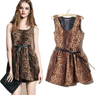 New Arrival Summer Dress 2012 Sleeveless Leopard Sexy Bottomming Vest Dresses with Belt For Women Free Shipping Wholesale WC1359