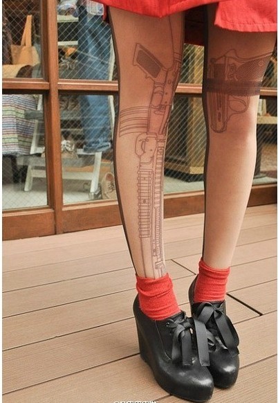 New Arrival Tattoo Stockings,Women's Fashion Pantyhose,20D Gun Style Socks,5pcs/Lot,Wholesale,Free Shipping