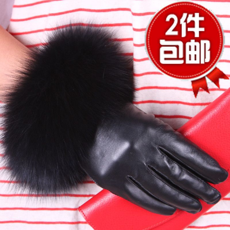 New arrival ultralarge women's fox fur wool leather gloves female winter thin sheepskin genuine leather gloves solid color