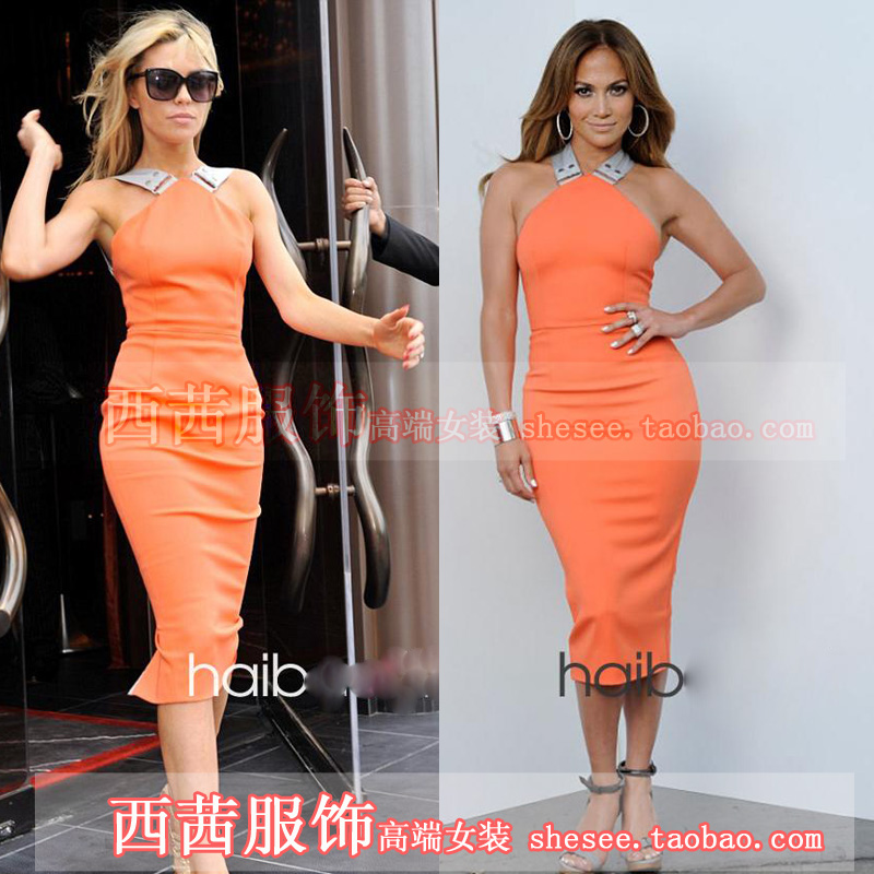 new arrival victoria slim hip halter-neck one-piece dress orange formal dress