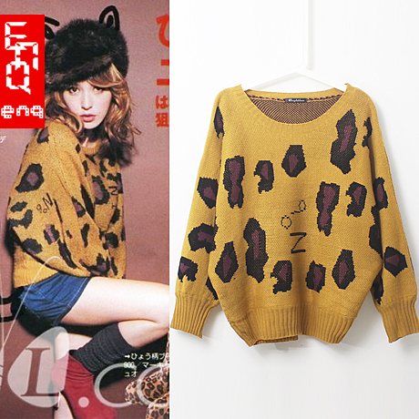 New arrival vivi fashion lena yellow leopard print loose batwing sleeve shirt knitted sweater