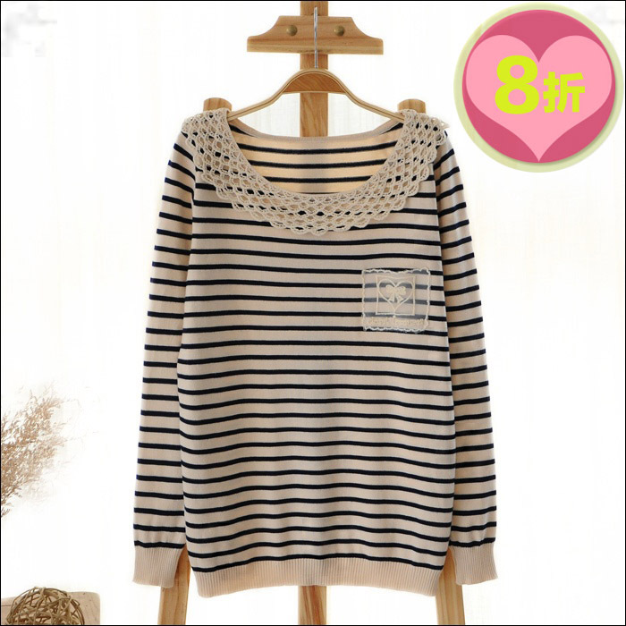 New arrival Wholesale Colors Fashion Lady Women S5103 spring 2013 sweet lace stripe o-neck long-sleeve sweater female