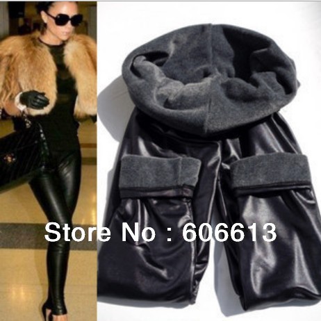 New Arrival Winter faux leather thick tight thin leggings warm pants celebrity black leather leggings 5pcs/lot free shipping