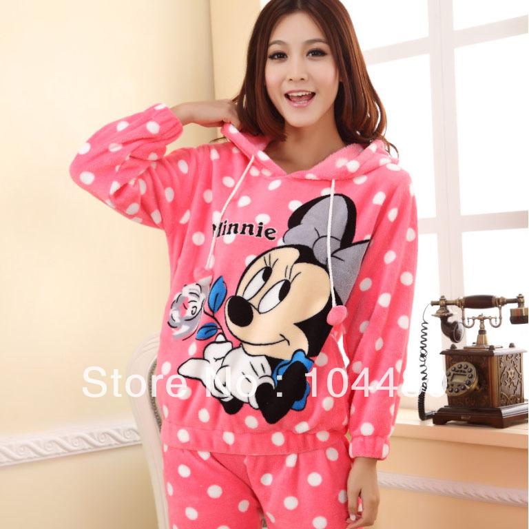 New arrival Winter women's coral fleece cartoon MICKEY MOUSE long-sleeve thickening pajama with a hood female lounge set