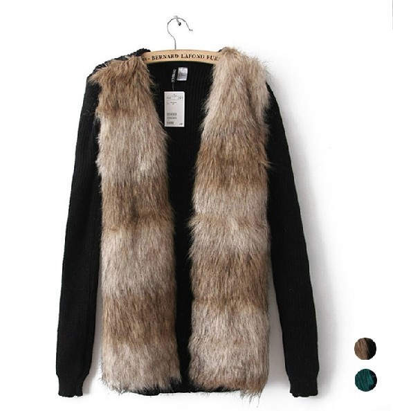 NEW ARRIVAL Woman's imitation leather splicing coat V knitted sweater  Faux Fur coat