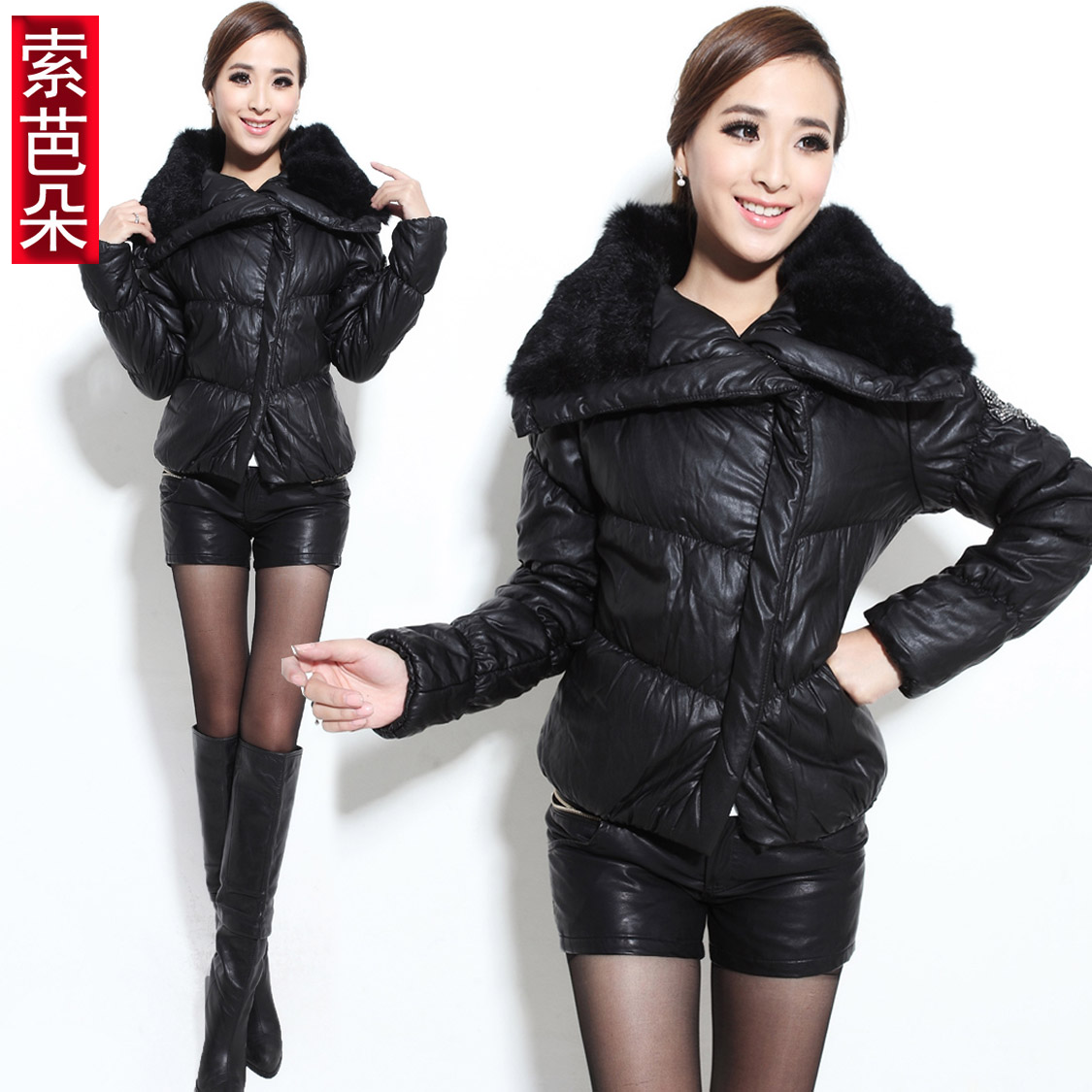 New arrival women's 2012 slim fashion PU leather coat rabbit fur turn-down collar wadded jacket cotton-padded jacket 2351