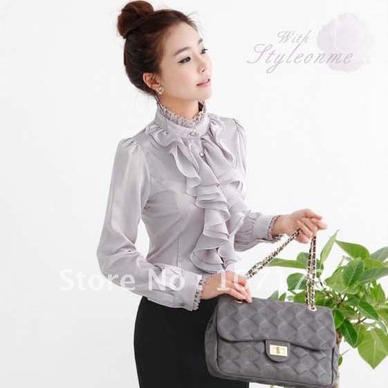 New Arrival Women's 2013  Stand Collar Women's Shirt OL Outfit Slim Ruffle Long-sleeve Blouse