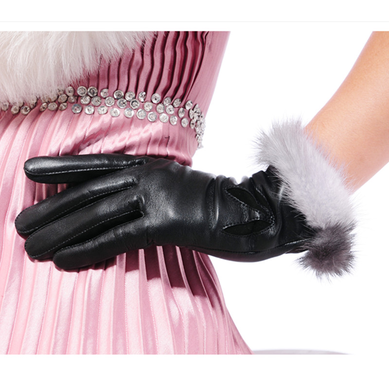 New arrival women's leather gloves female thin sheepskin gloves genuine leather gloves mink hair