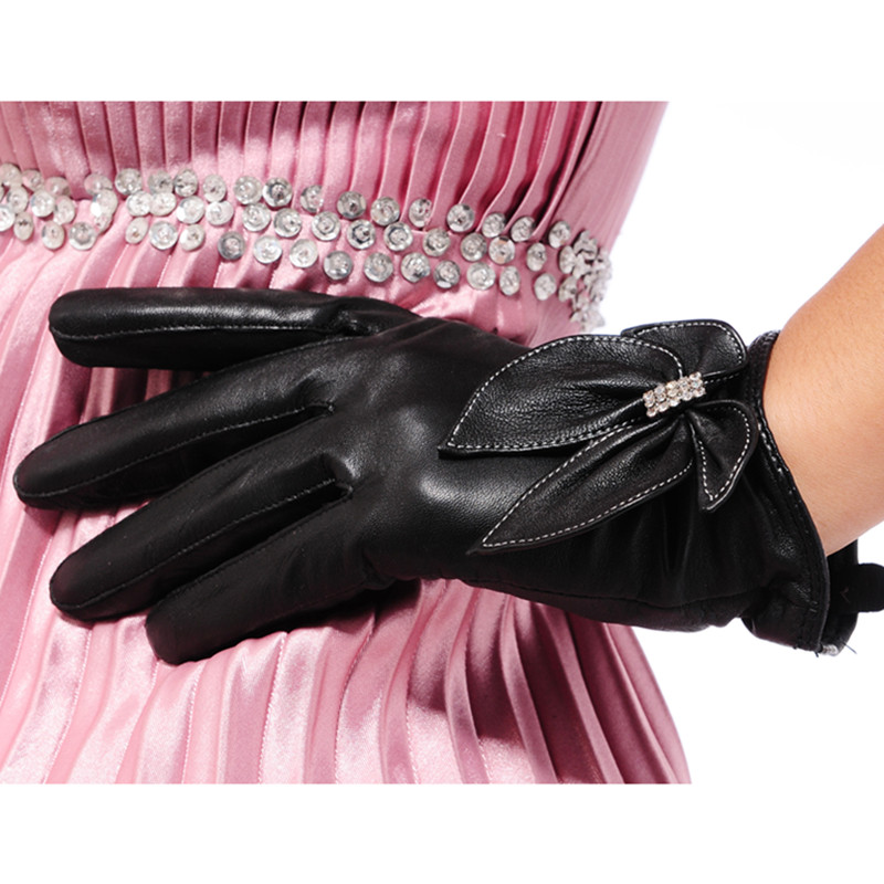 New arrival women's sparkling diamond black bow sheepskin gloves female thin genuine leather gloves genuine leather gloves