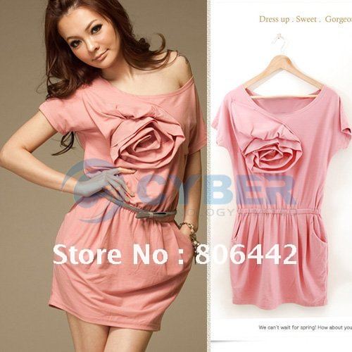 New Arrival Women's Stylish Short Sleeve Fitted Rose Flower Decoration Tunic Tops Mini Dress Free Shipping