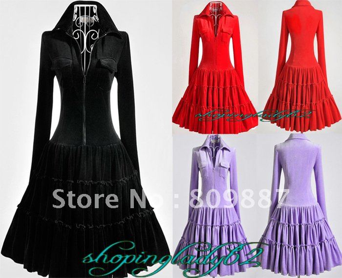 New Arrival Women Velvet Dress Slim Lapel Collar Long Skirts